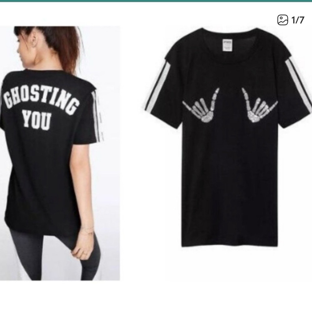 PINK Victoria’s Secret Black Ghosting You Sequin Bling Halloween T-Shirt Large